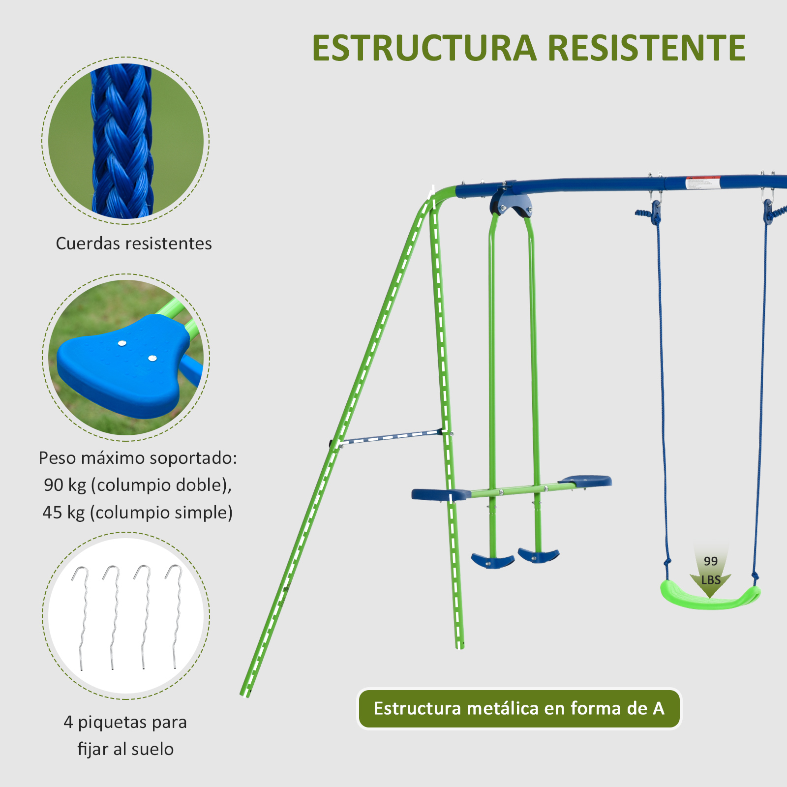 La imagen muestra detalles sobre la estructura del juego de columpios, incluida la capacidad de peso, la resistencia de la cuerda y las estacas de tierra.