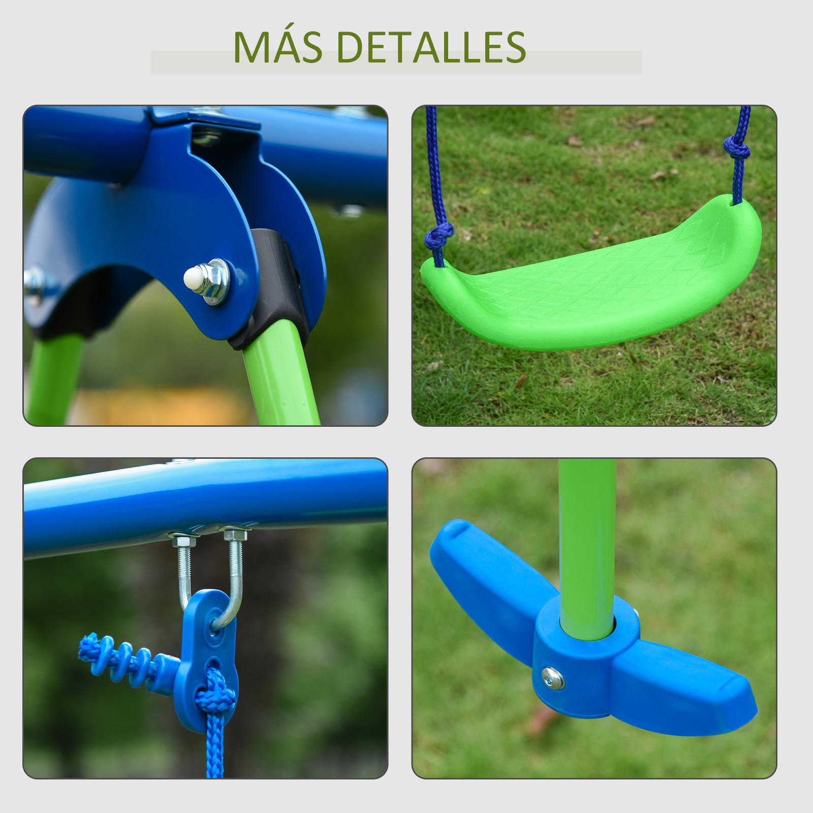 Detalles de un juego de columpios: se resaltan las partes azules y verdes, con el texto "Más detalles" arriba.