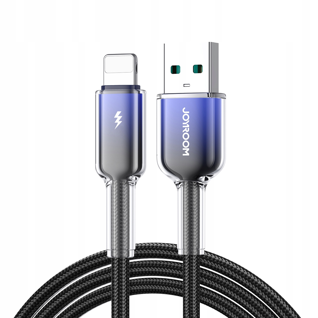 Czarny pleciony kabel ładujący z niebieskimi i srebrnymi akcentami, wyposażony w złącze USB i Lightning.
