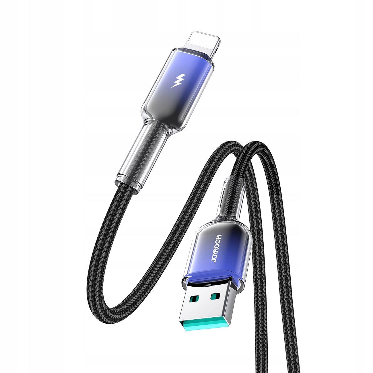 Czarny pleciony kabel ładujący z niebieskimi akcentami, pokazujący złącza USB i Lightning na białym tle.