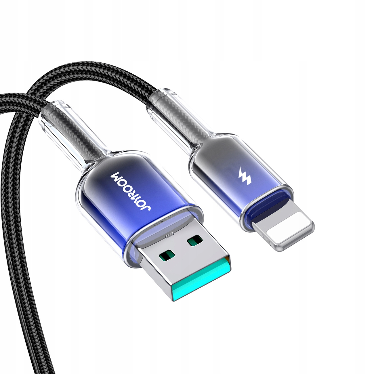 Czarny, pleciony kabel Joyroom ze złączami USB i Lightning. Przezroczyste obudowy ukazują złącza.