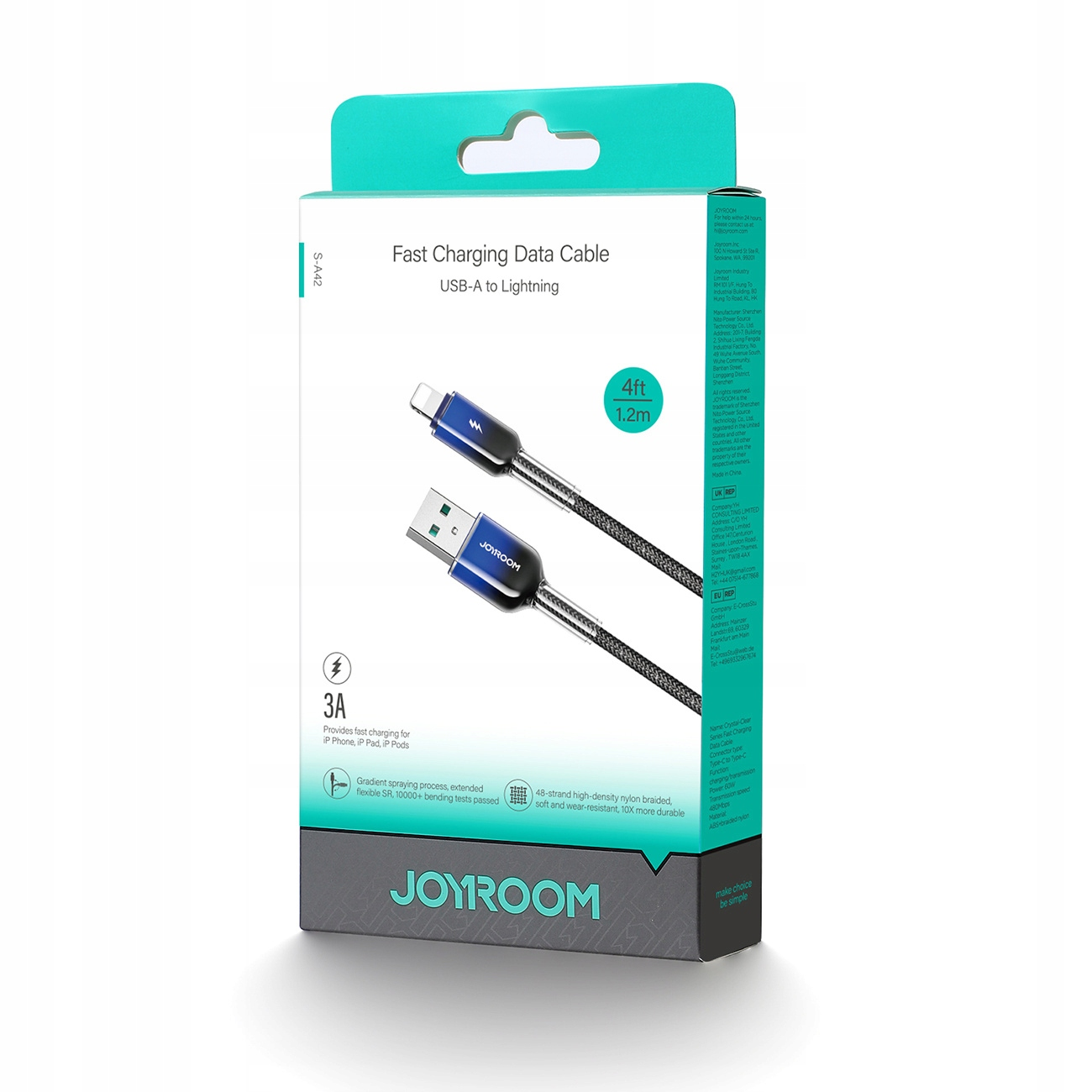 Pudełko na kabel do szybkiego ładowania Joyroom ze zdjęciem kabla na przodzie.