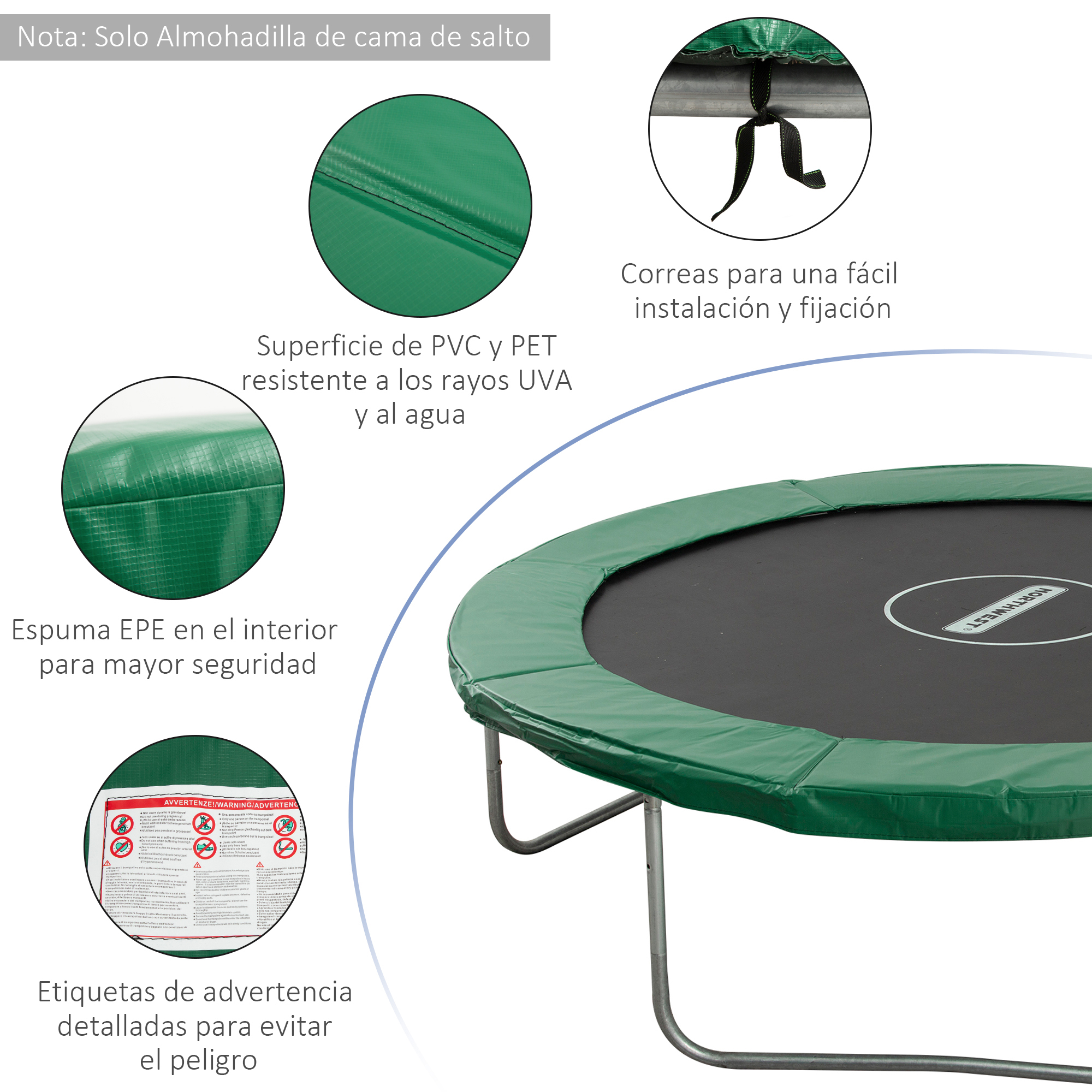 Primer plano de una almohadilla de seguridad verde para trampolín con etiquetas y advertencias. Otros detalles del trampolín son visibles.