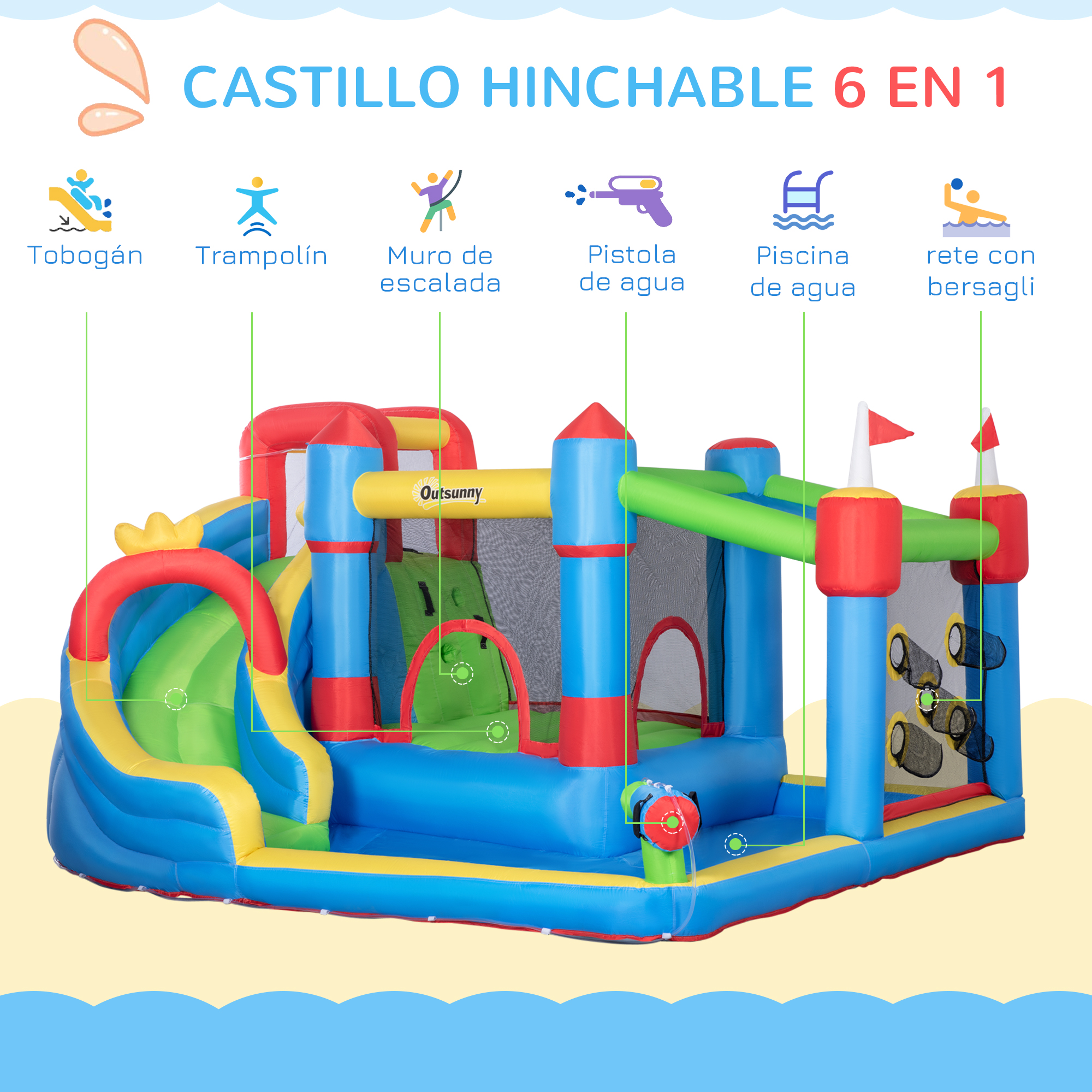 Una colorida casa de rebotes inflable con tobogán, muro de escalada y juegos acuáticos.