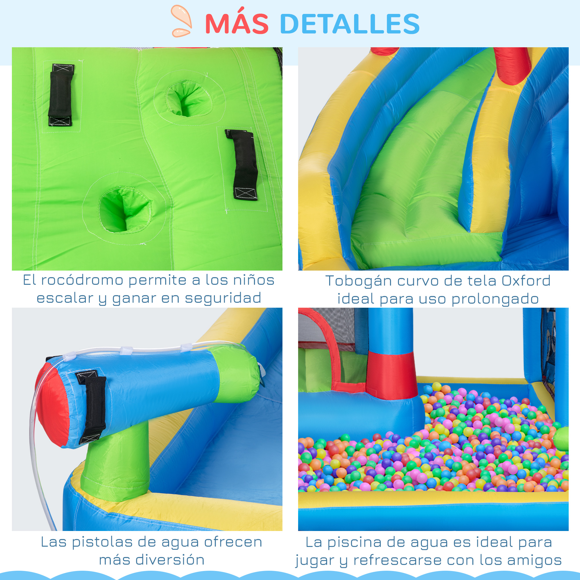 Primer plano de las características de la casa de rebotes inflable: muro de escalada, tobogán, pistolas de agua y piscina de bolas.
