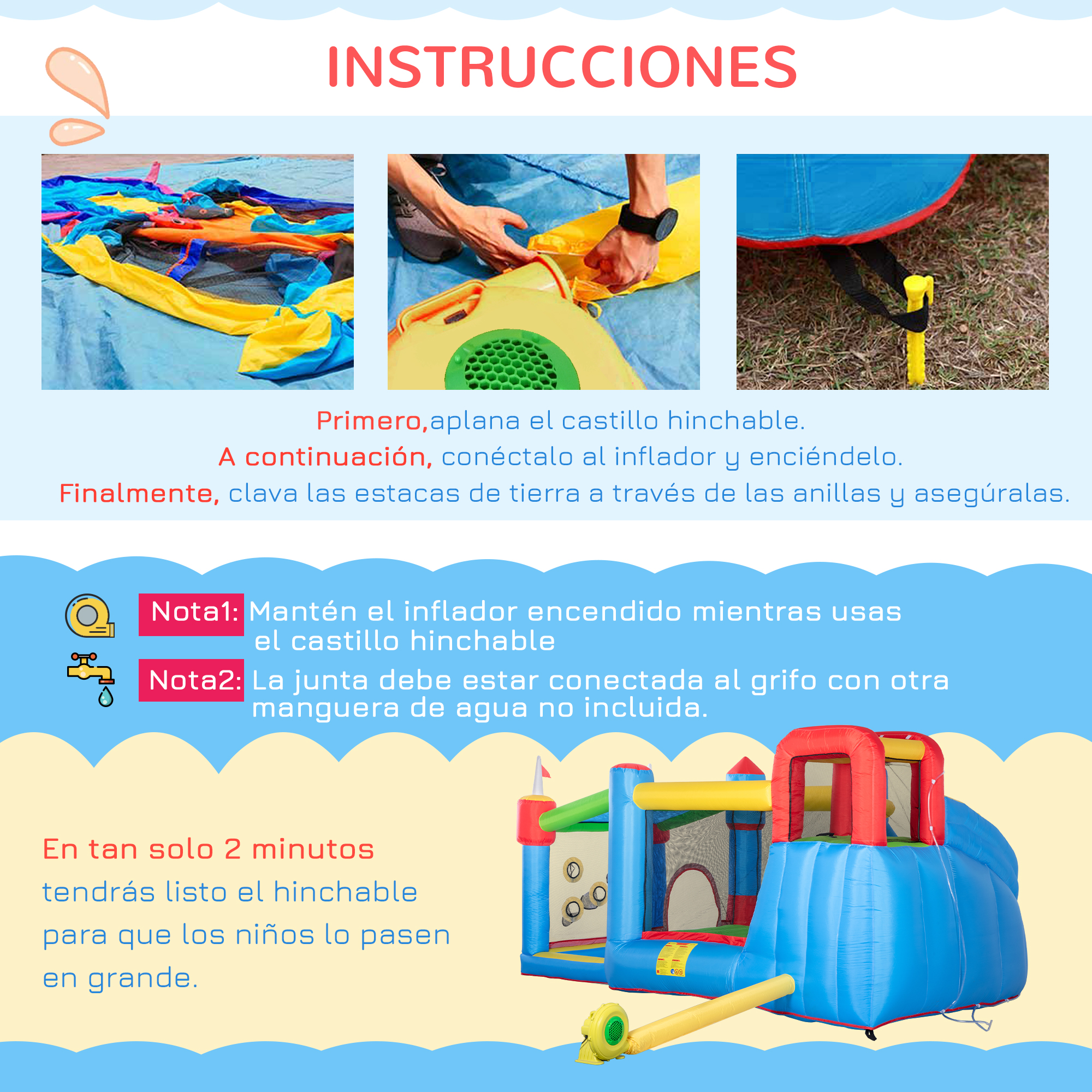 Instrucciones para montar una colorida casa de rebotes inflable, incluyendo el inflado y el clavado de estacas.