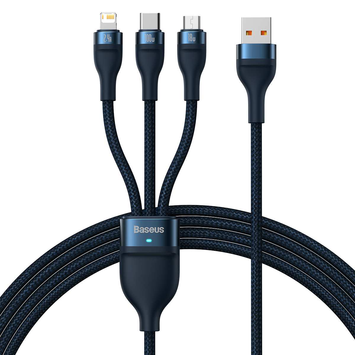 Un gros plan d'un câble noir multiconnecteur avec des connecteurs USB-A, USB-C, Micro-USB et Lightning.