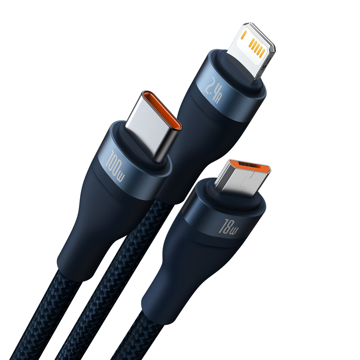 Un gros plan de trois connecteurs de câble noirs : USB-C (100 W), Lightning (2,4 A) et Micro-USB (18 W).
