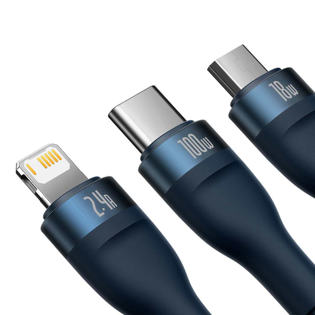 Gros plan sur trois connecteurs de câble noirs : Lightning (2,4 A), USB-C (100 W) et Micro-USB (18 W).