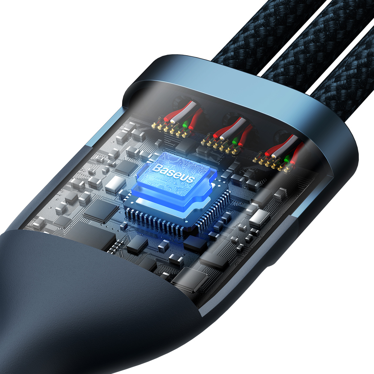 Un gros plan d'un connecteur de câble noir avec une puce exposée et une carte de circuit imprimé.