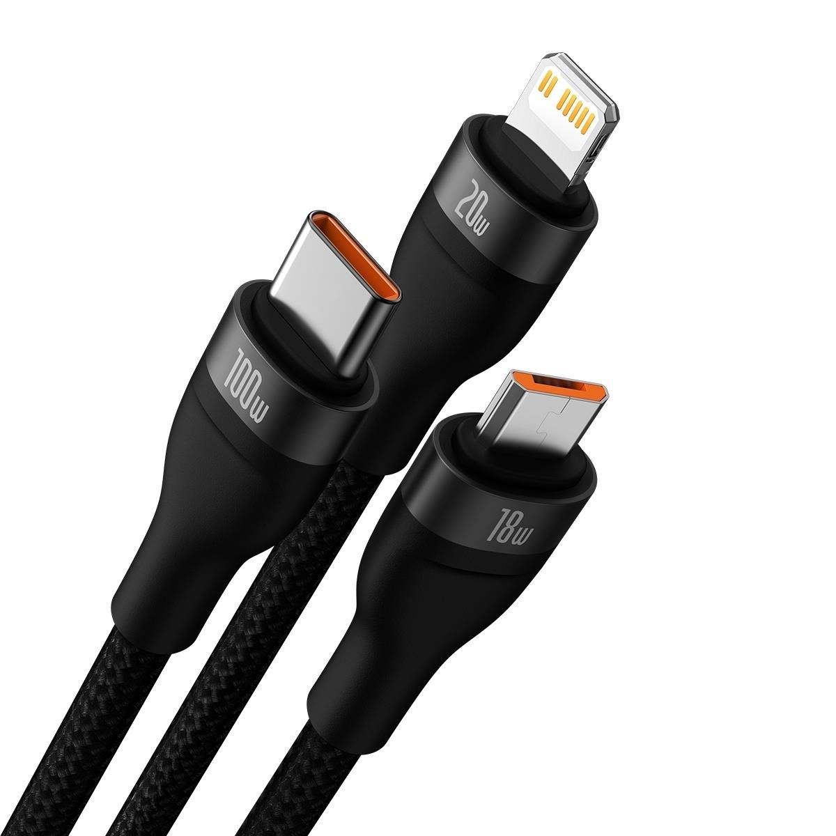 Close-up van drie zwarte oplaadkabels met verschillende connectoren: USB-C, Lightning en Micro-USB.