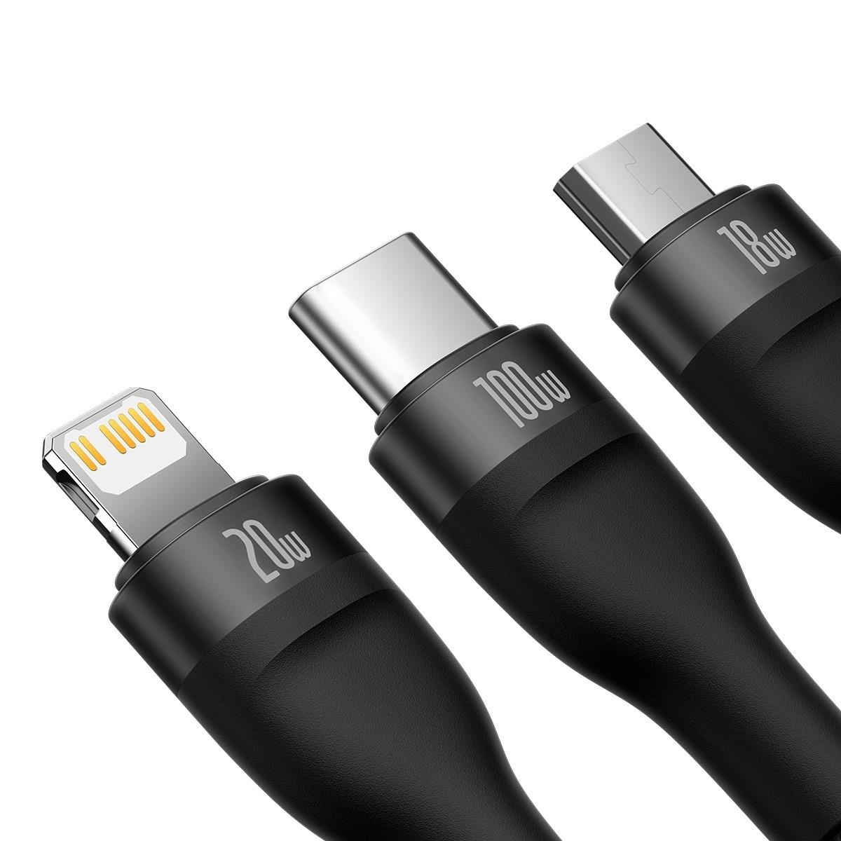 Close-up van drie zwarte kabels met USB-C-, Lightning- en Micro-USB-connectoren, schuine weergave.