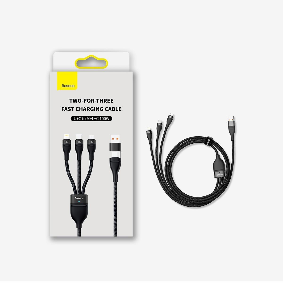 Baseus multi-connector kabel in verpakking en opgerold ernaast op een witte achtergrond.