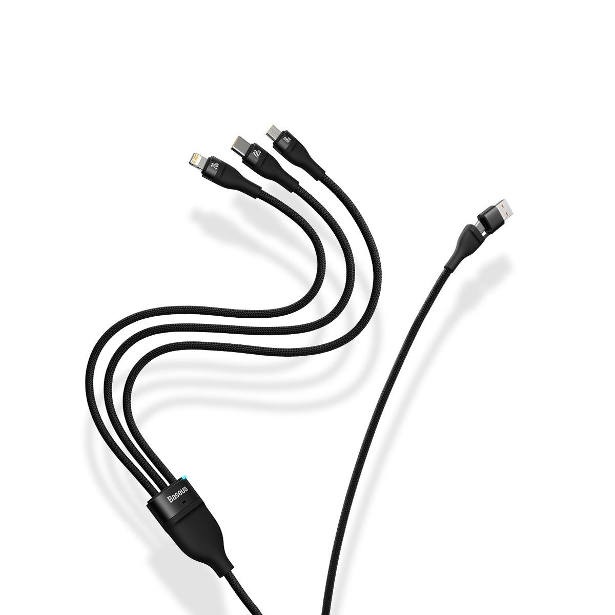 Een zwarte multi-connector kabel met USB-, USB-C- en Lightning-connectoren spreidt zich uit op een witte achtergrond.