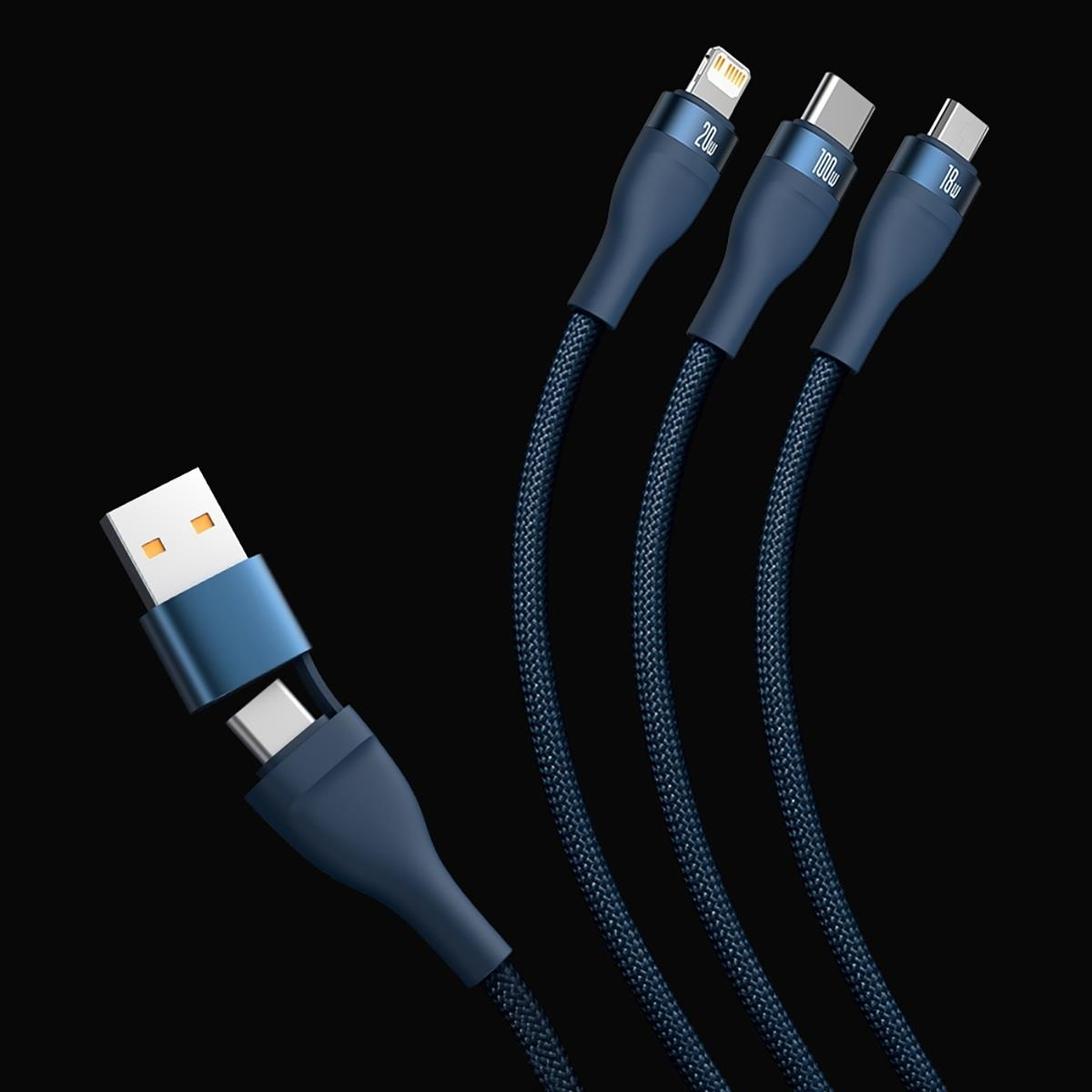 Een marineblauwe multi-connector kabel met USB-, USB-C- en Lightning-connectoren op een donkere achtergrond.