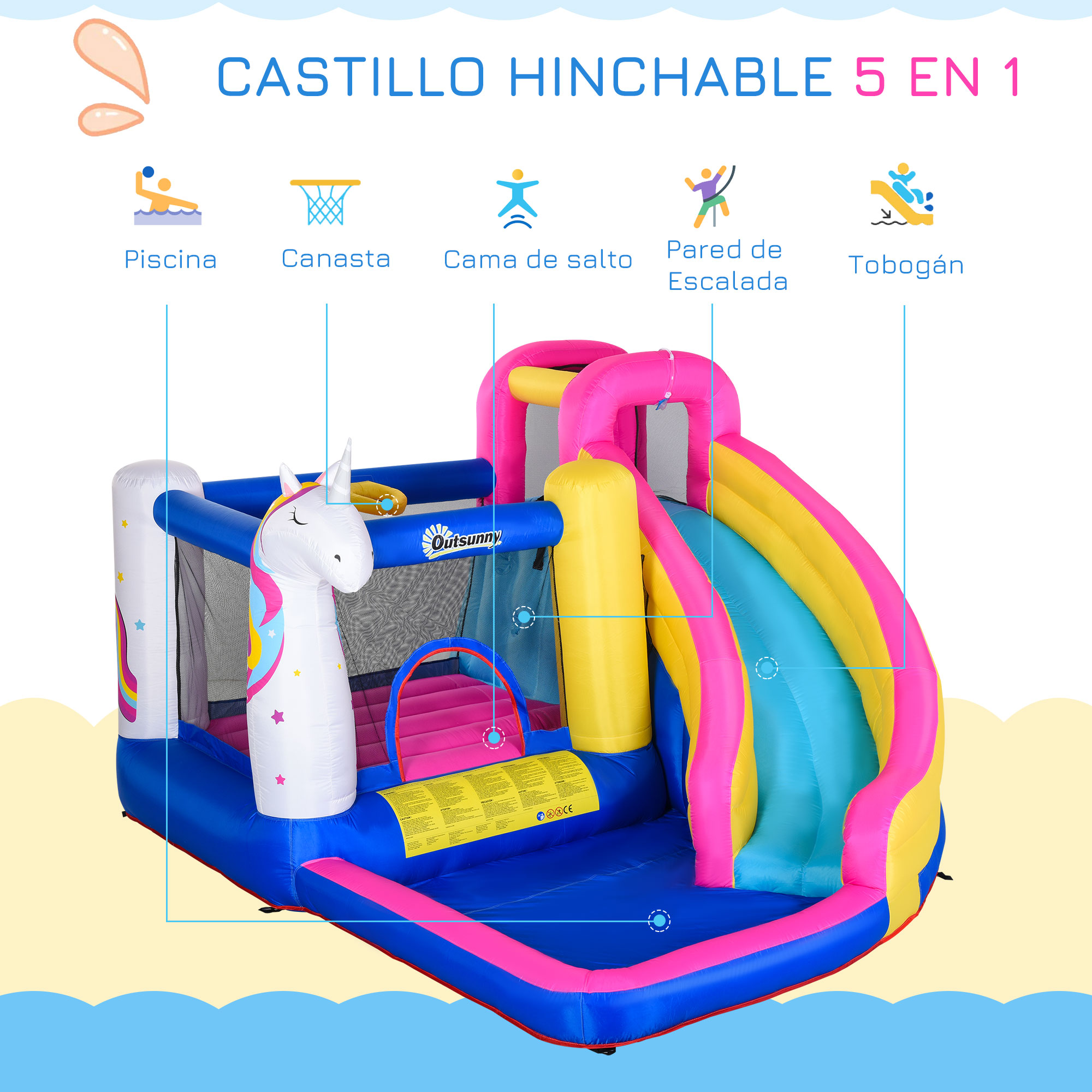 Castillo hinchable con cabeza de unicornio, tobogán y piscina, colorido, para juegos infantiles al aire libre.