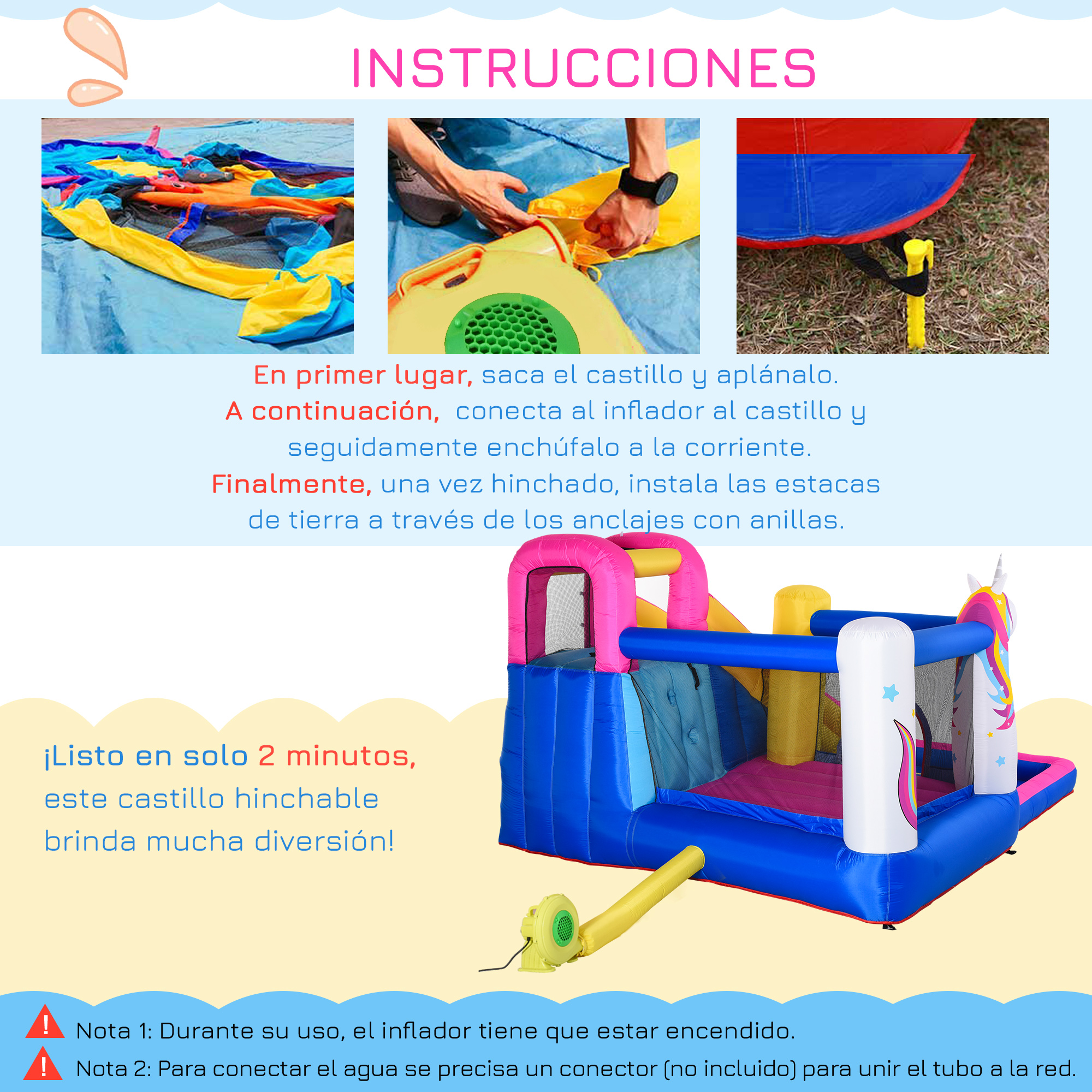 Las imágenes muestran el montaje del castillo hinchable con instrucciones, destacando la facilidad y diversión para los niños.