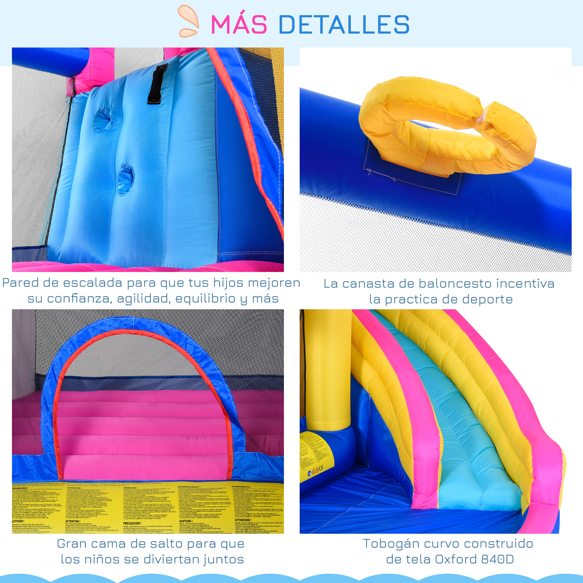 Detalles de cerca de un castillo hinchable azul y rosa, destacando la pared de escalada, la canasta de baloncesto y el tobogán.