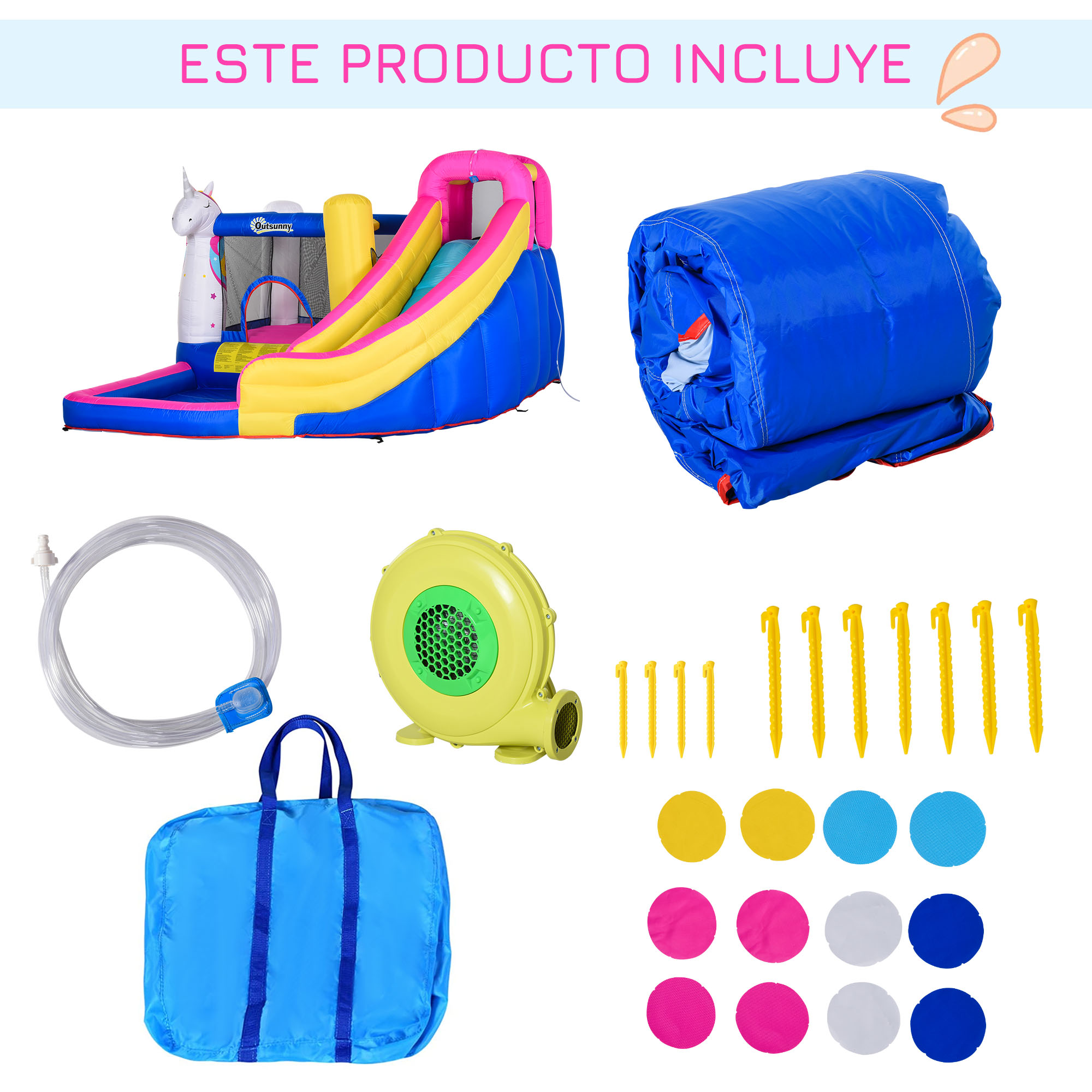 La imagen muestra las piezas incluidas para el castillo hinchable: la casa, la bomba de aire, las estacas y los parches de reparación.