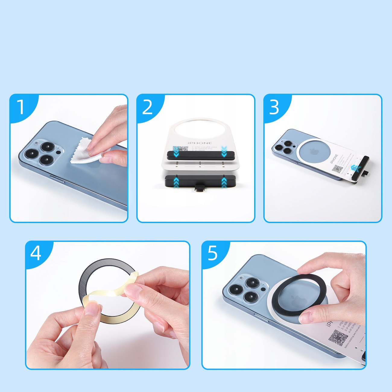 Pięć obrazów przedstawiających kroki, jak nałożyć pierścień MagSafe na etui telefonu.