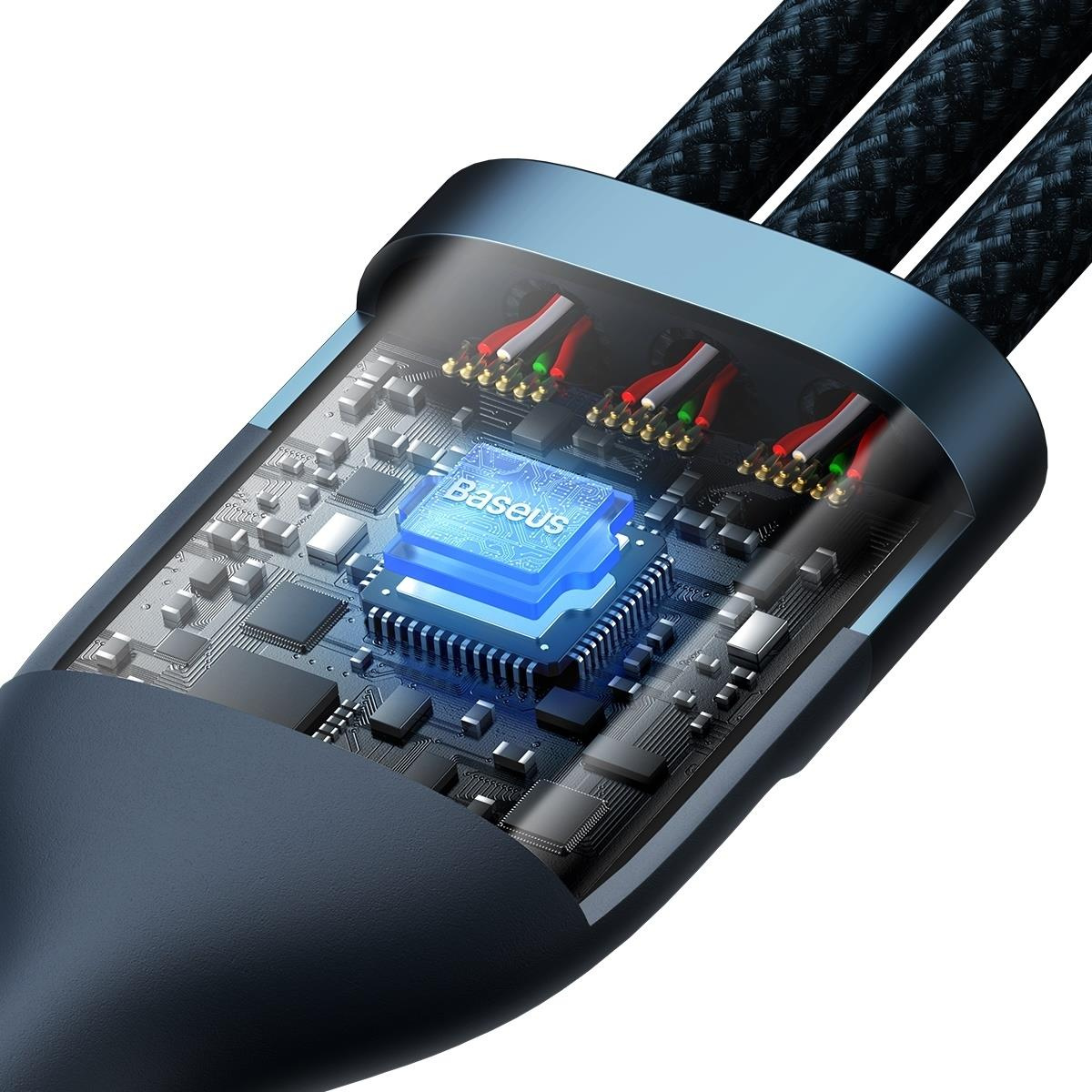 Zbliżenie niebieskiego złącza USB-C pokazującego wewnętrzne obwody i chip Baseus.