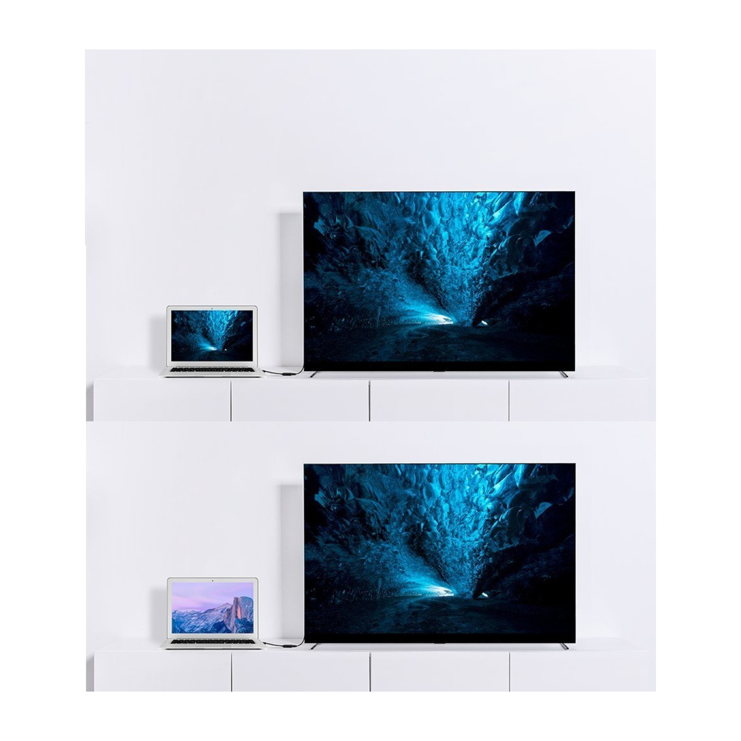 Laptop i telewizor wyświetlają tę samą lodową scenę jaskini za pomocą kabla adaptera UGREEN.