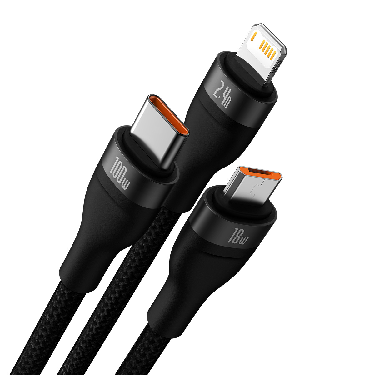 Un primo piano di tre cavi neri con diversi connettori: USB-C, Micro-USB e Lightning.