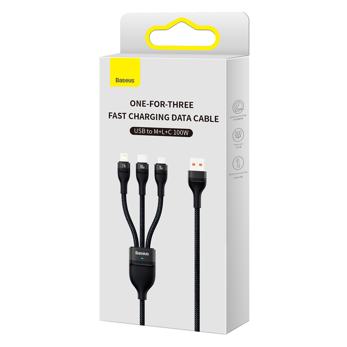 Scatola di un cavo dati a ricarica rapida Baseus "One-For-Three" con connettori USB multipli su sfondo bianco.