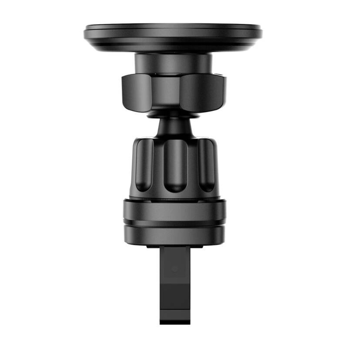 Na zdjęciu widoczny jest czarny uchwyt samochodowy do telefonu z regulowanymi przegubami, przeznaczony do montażu w kratce wentylacyjnej samochodu.