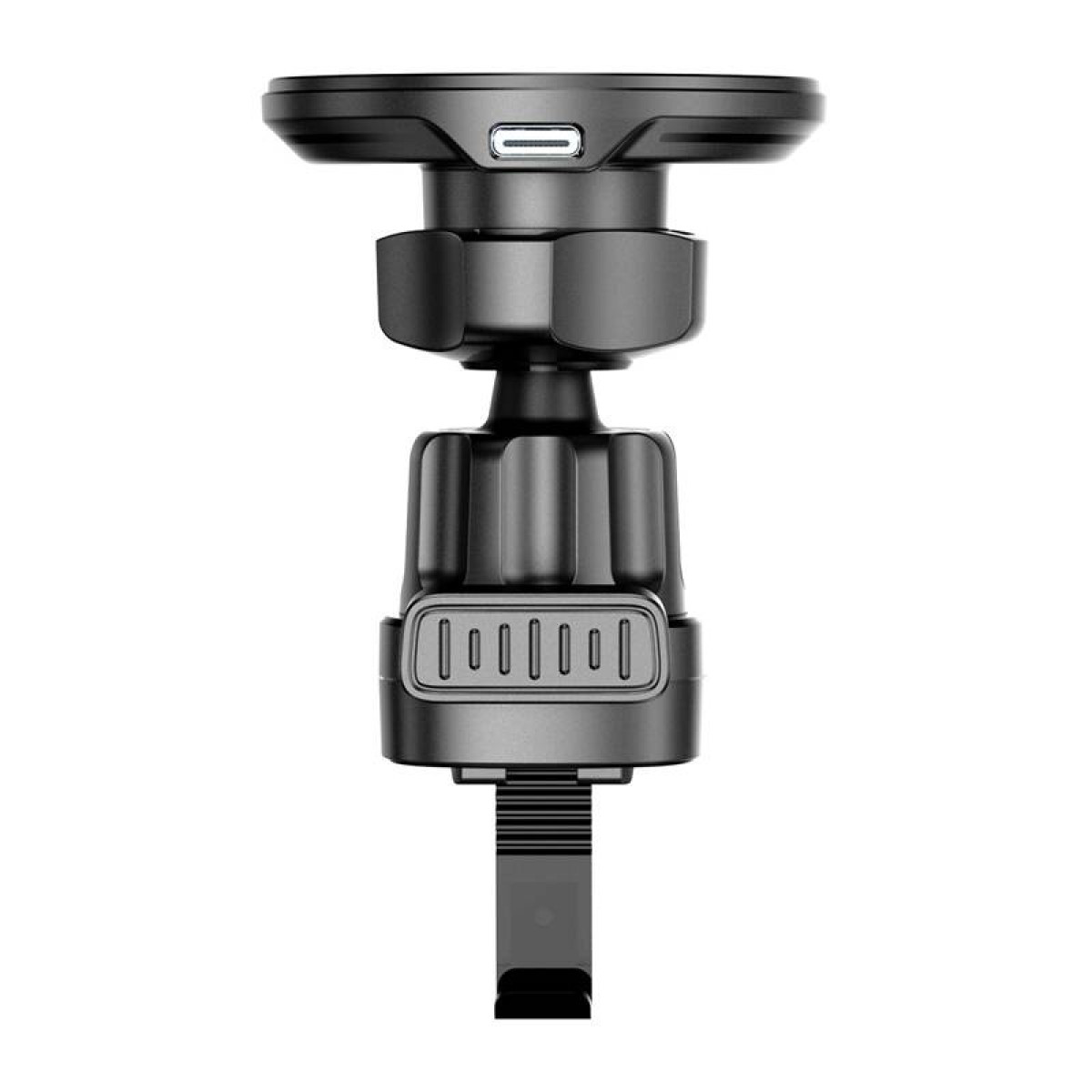 Na zdjęciu widoczny jest czarny uchwyt samochodowy do telefonu z regulowanymi przegubami, przeznaczony do montażu w kratce wentylacyjnej samochodu.