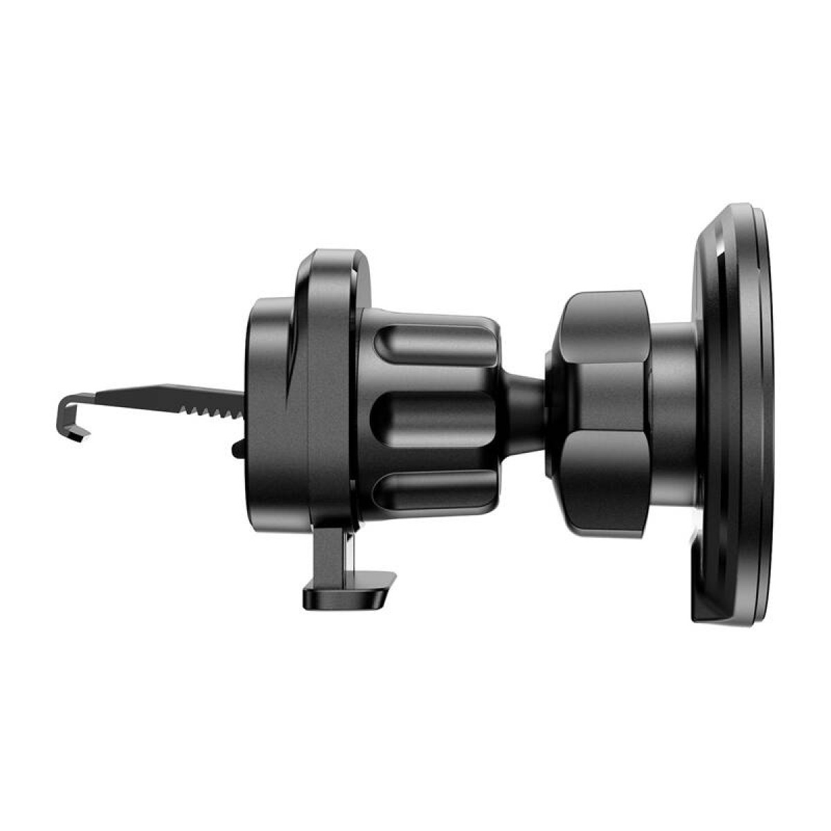 Na zdjęciu widoczny jest czarny uchwyt samochodowy do telefonu z regulowanymi przegubami, przeznaczony do montażu w kratce wentylacyjnej samochodu.