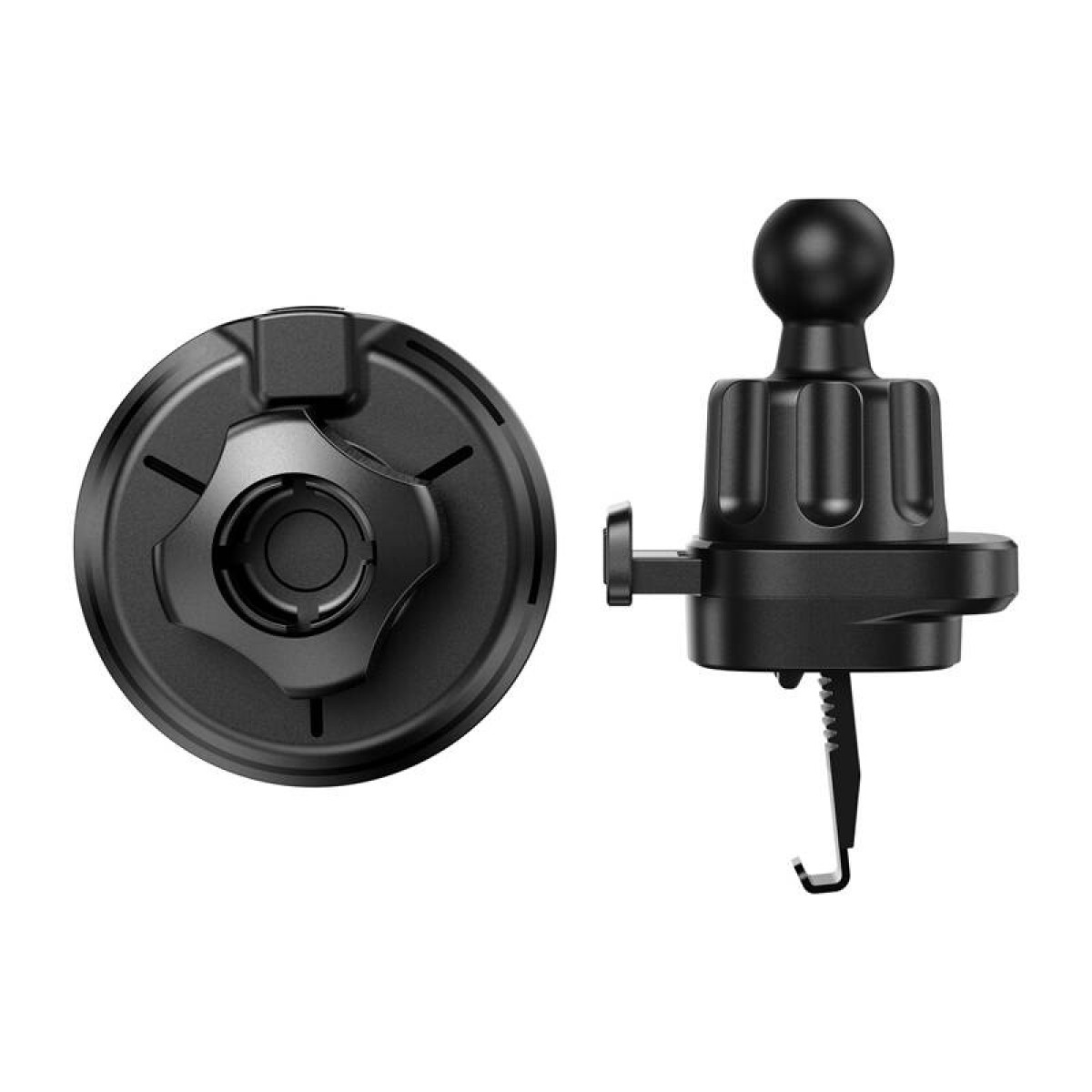 Na zdjęciu widoczny jest czarny uchwyt samochodowy do telefonu z regulowanymi przegubami, przeznaczony do montażu w kratce wentylacyjnej samochodu.