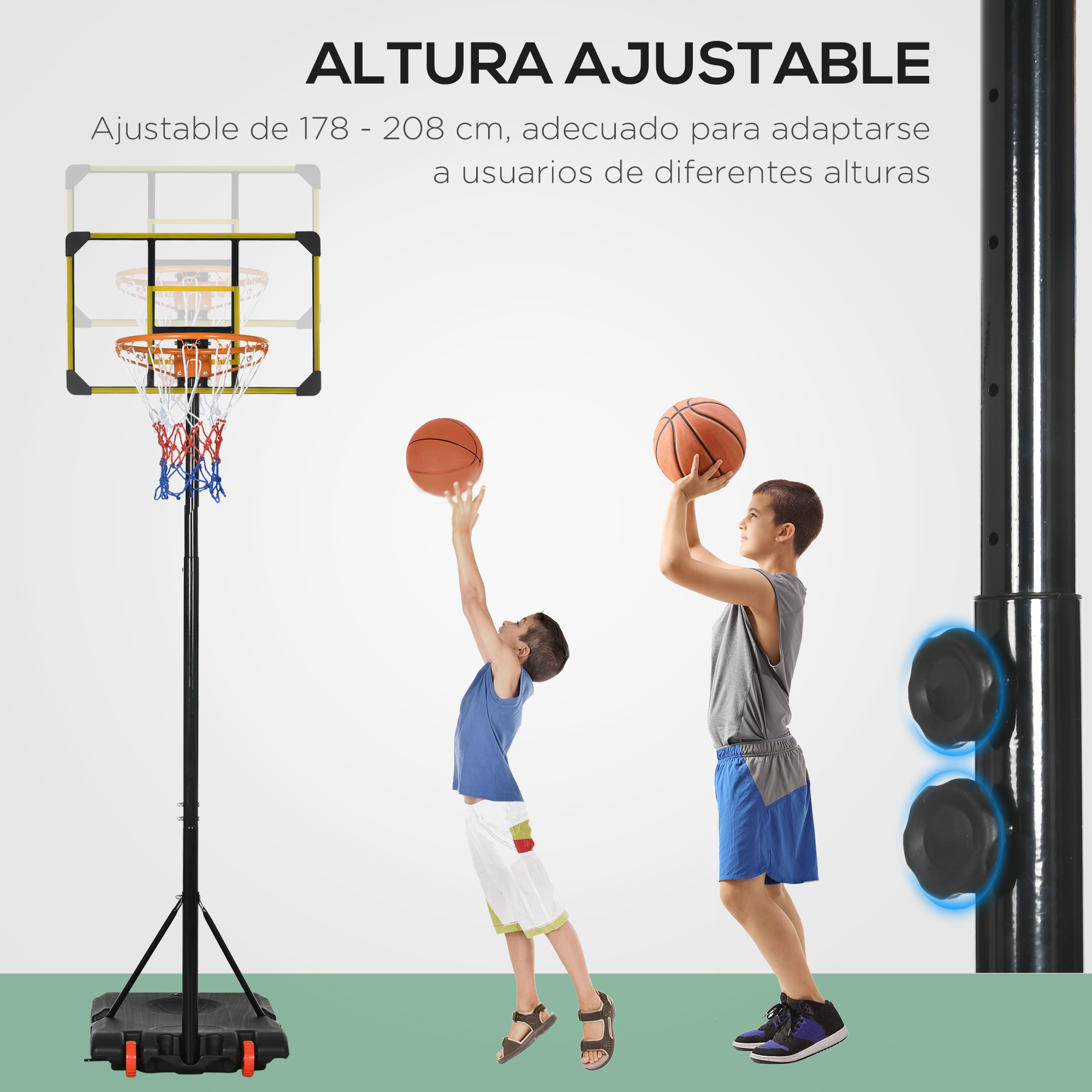 La imagen muestra a dos niños jugando baloncesto junto a una canasta ajustable, con texto que indica los ajustes de altura.