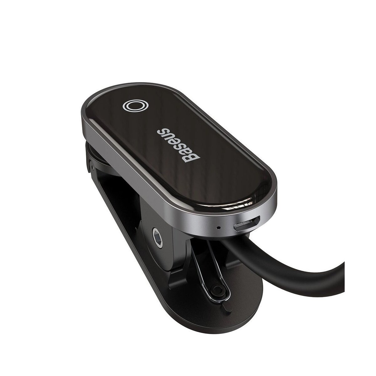 Szara lampka z klipsem Baseus jest wyświetlana pod kątem, pokazując klips i głowicę lampy.