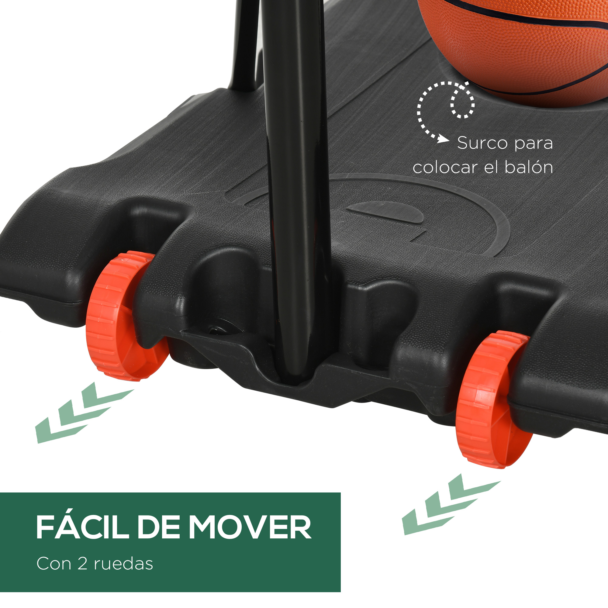 La base de un soporte de aro de baloncesto con ruedas naranjas, enfatizando su movilidad.