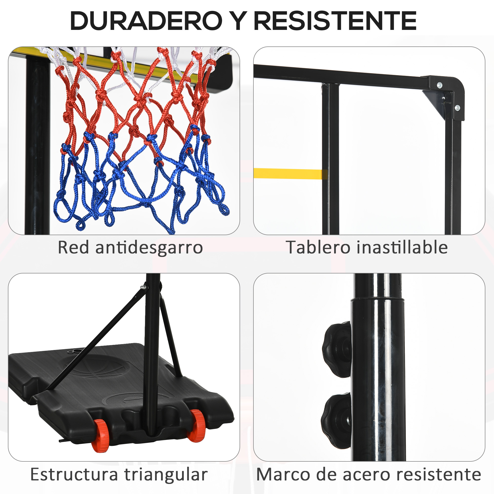 Collage muestra detalles del aro de baloncesto: red, tablero, base y marco, destacando la durabilidad.