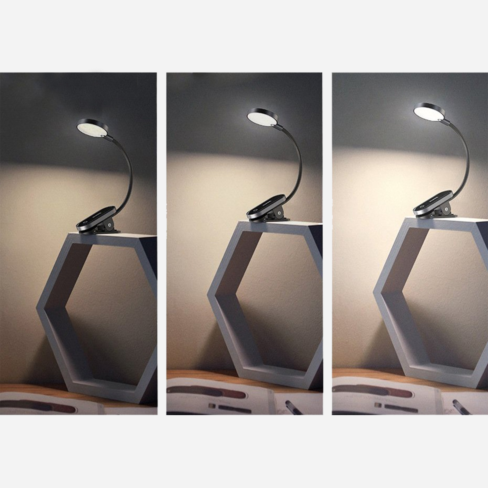 Wyświetlane są trzy lampki z klipsem, każda o różnej temperaturze barwowej.