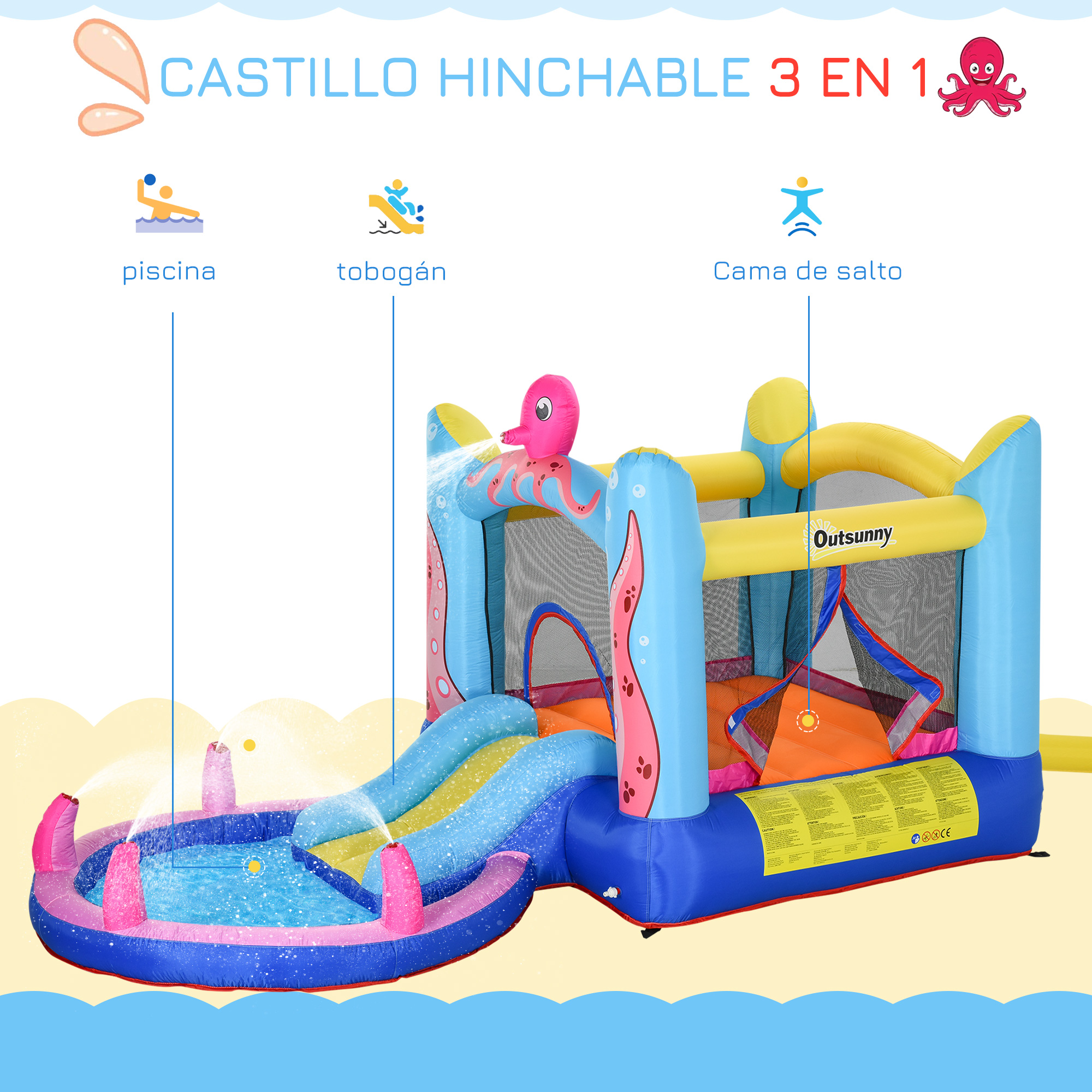 Un diagrama de una colorida casa de rebote inflable con piscina, tobogán y área de salto, etiquetado en español.