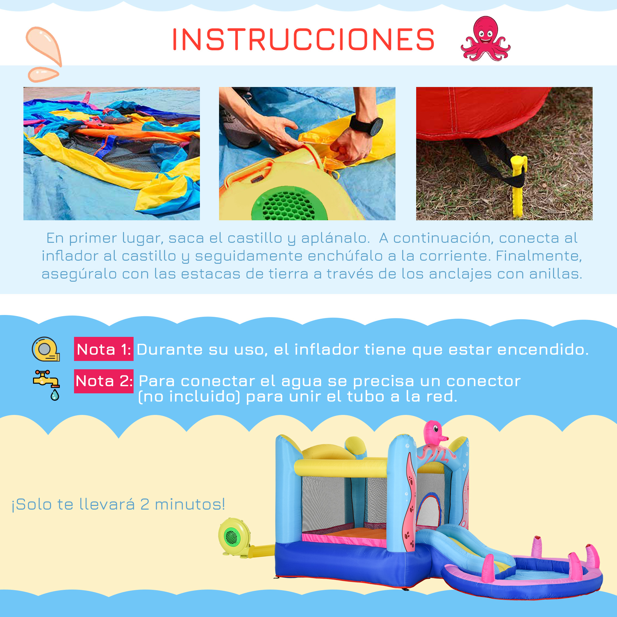 Instrucciones para montar un castillo hinchable con tobogán y piscina de bolas, con un pulpo rosa.