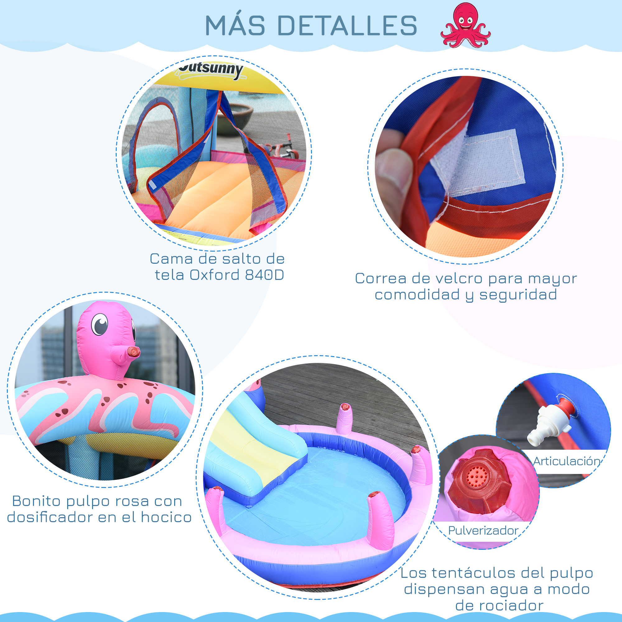 Detalles de un castillo hinchable: tejido Oxford 840D, correas de velcro, tentáculos de pulpo rociadores de agua.