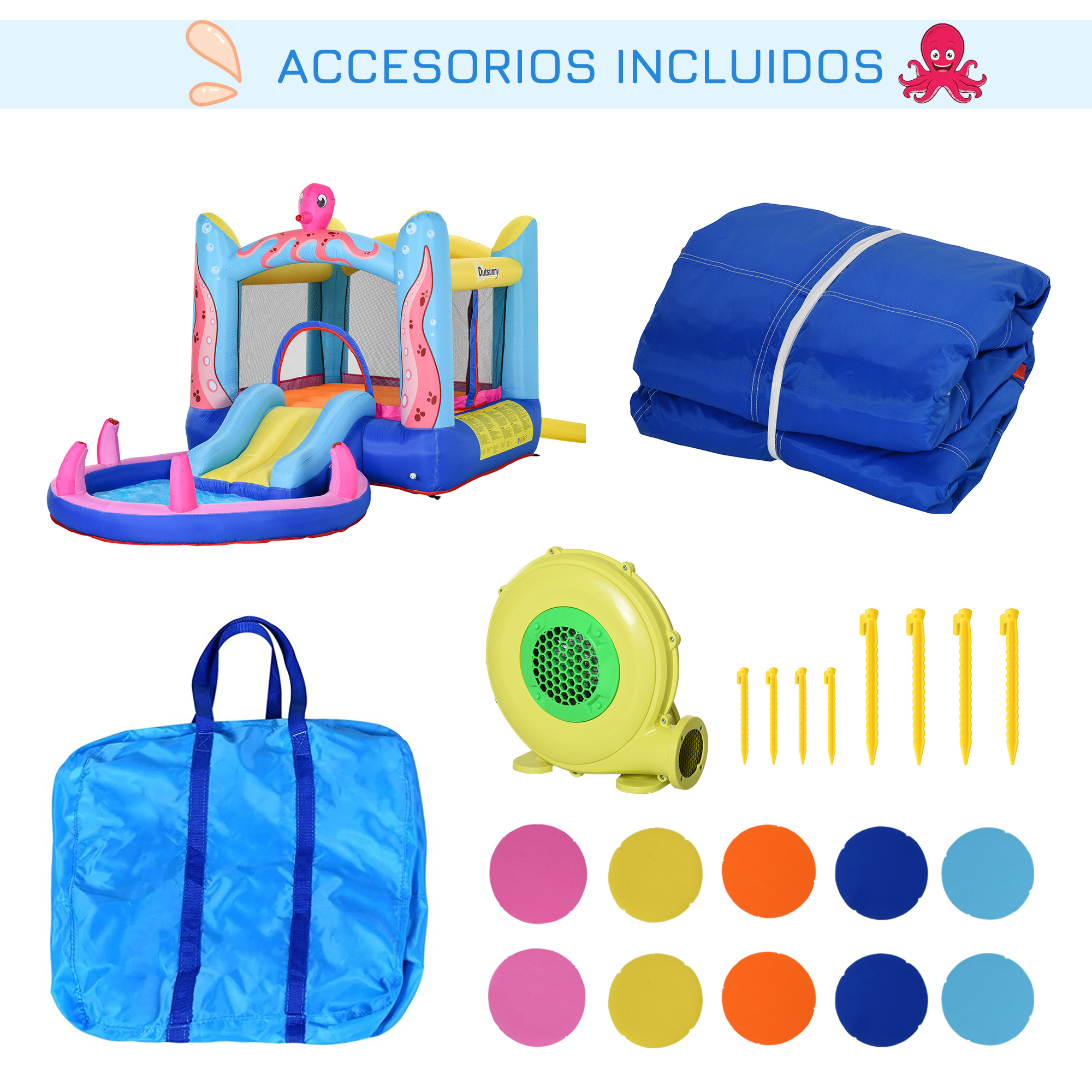 Accesorios para el castillo hinchable: castillo plegado, bomba de aire, estacas, bolsa y parches de colores.