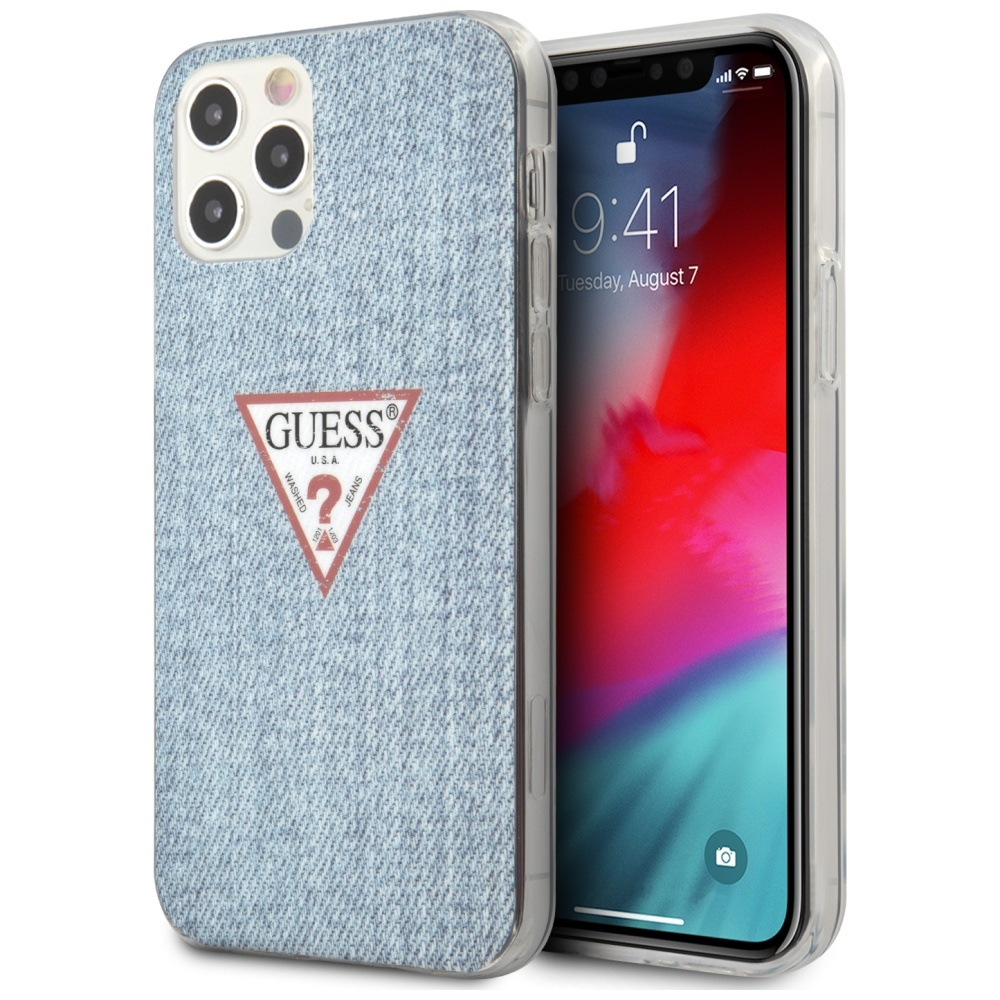 iPhone 12 Pro Max w dżinsowym etui GUESS, wyświetlający godzinę 9:41 na ekranie z czerwono-niebieskim tłem.