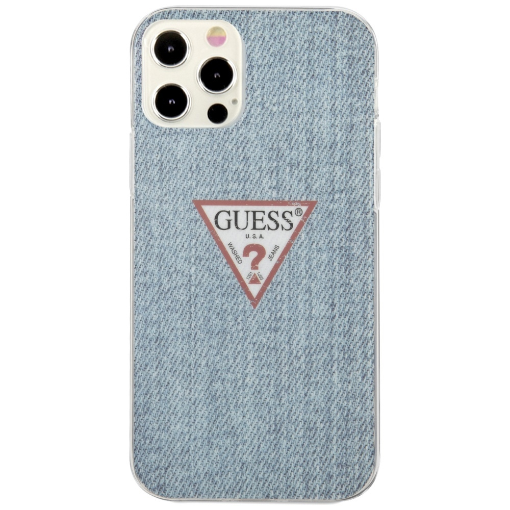 Tył iPhone'a 12 Pro Max w dżinsowym etui GUESS z charakterystycznym trójkątnym logo marki.