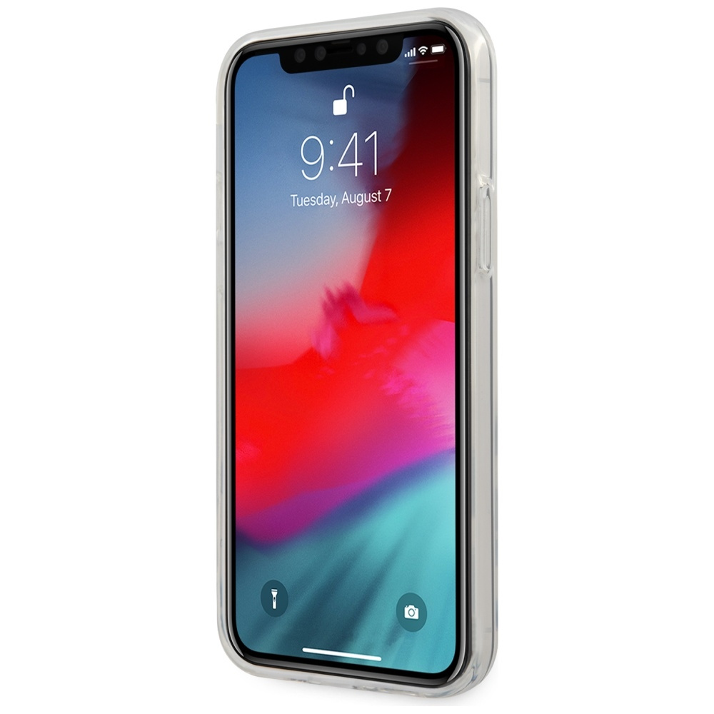 iPhone w przezroczystym etui, wyświetlający godzinę 9:41 i abstrakcyjną tapetę w kolorze czerwonym i niebieskim.