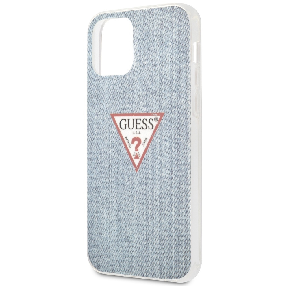Etui na telefon Guess z dżinsowym nadrukiem i logo na białym tle.