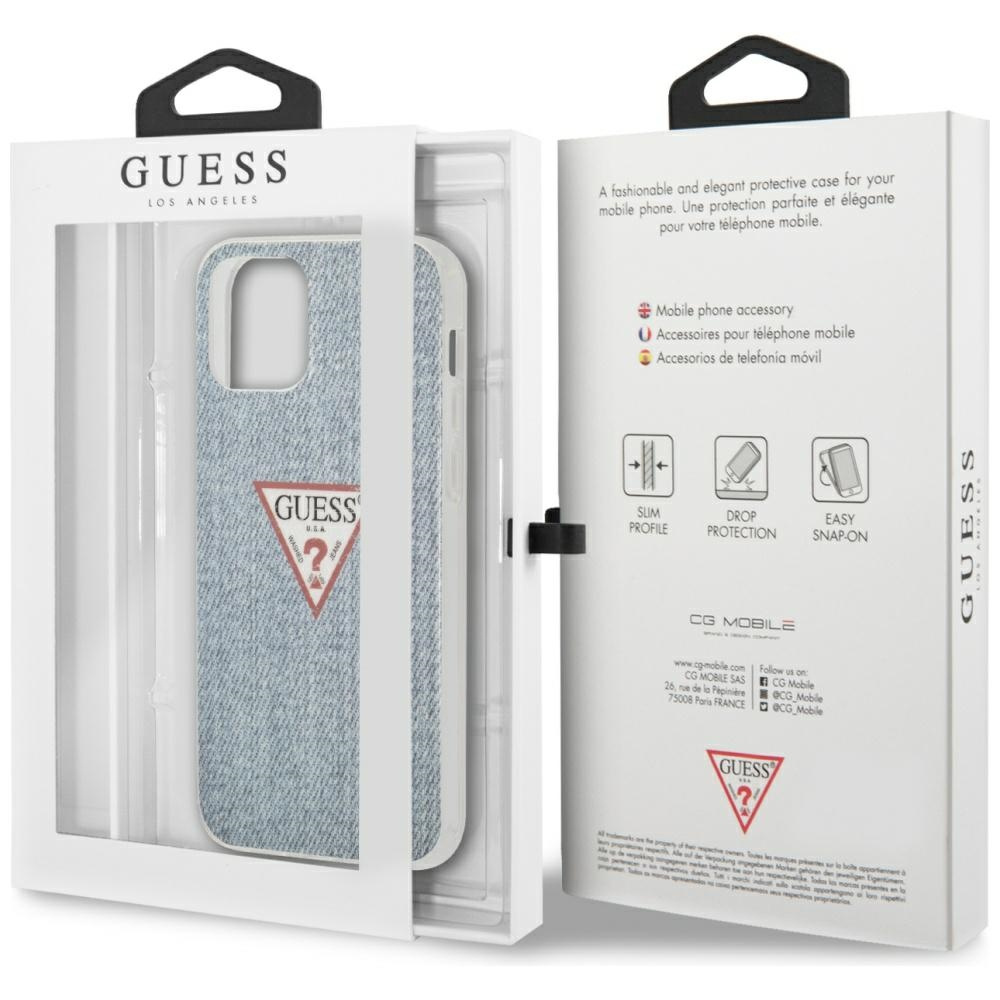 Etui na telefon Guess Denim w opakowaniu detalicznym, prezentujące smukły profil i funkcje ochrony przed upadkiem.