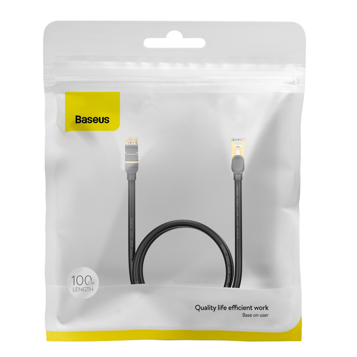 Czarny kabel Ethernet w przezroczystym opakowaniu z żółtymi akcentami.