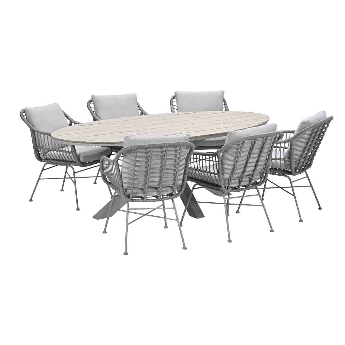 Eetset voor buiten met een ovale tafel en zes stoelen. De set staat op een witte achtergrond.