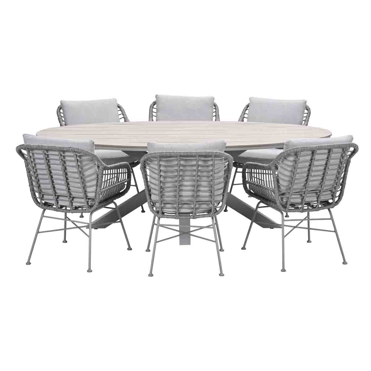 Eetset voor buiten met een ovale tafel en zes stoelen, allemaal op een witte achtergrond.