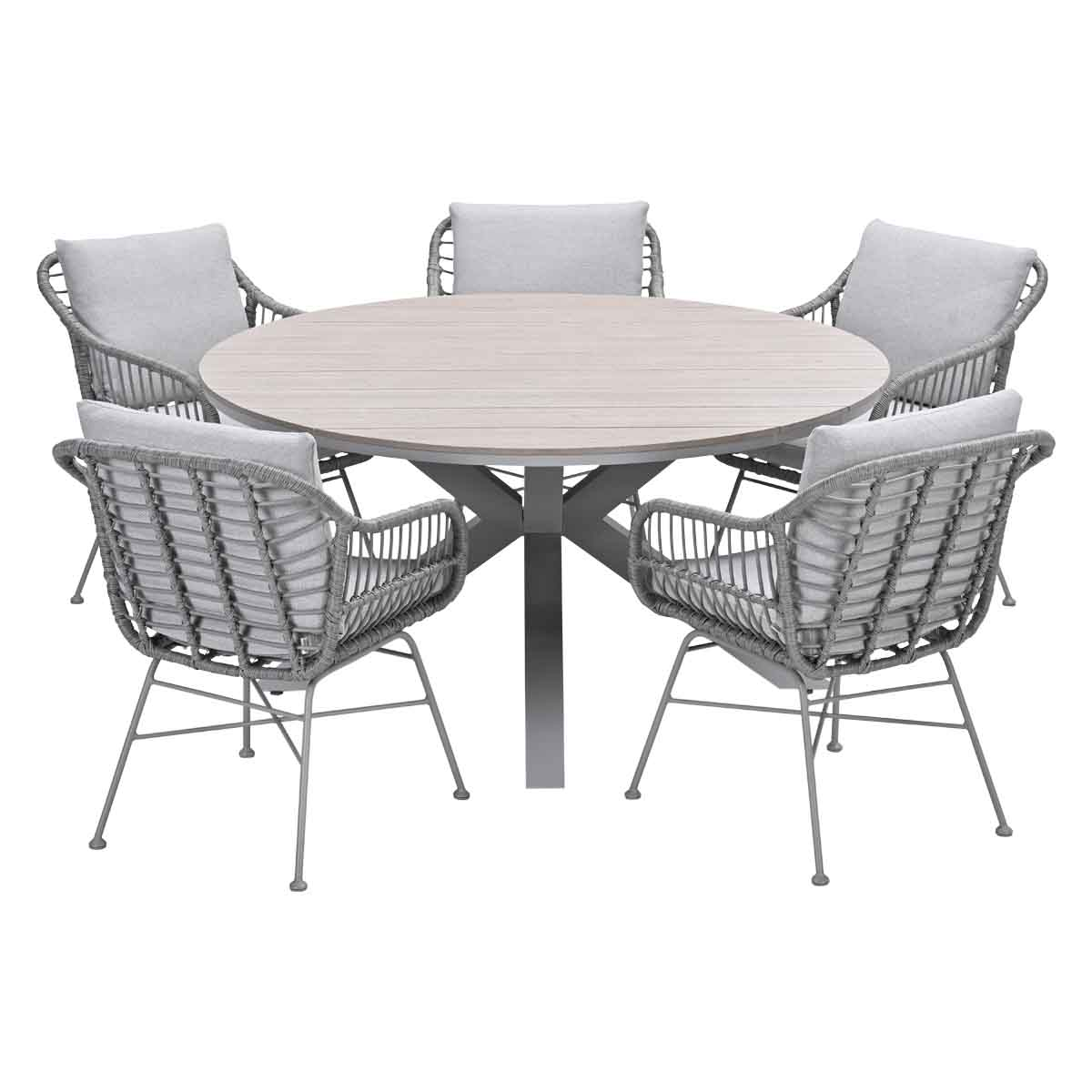 Outdoor dining set with a round table and five chairs. White background.